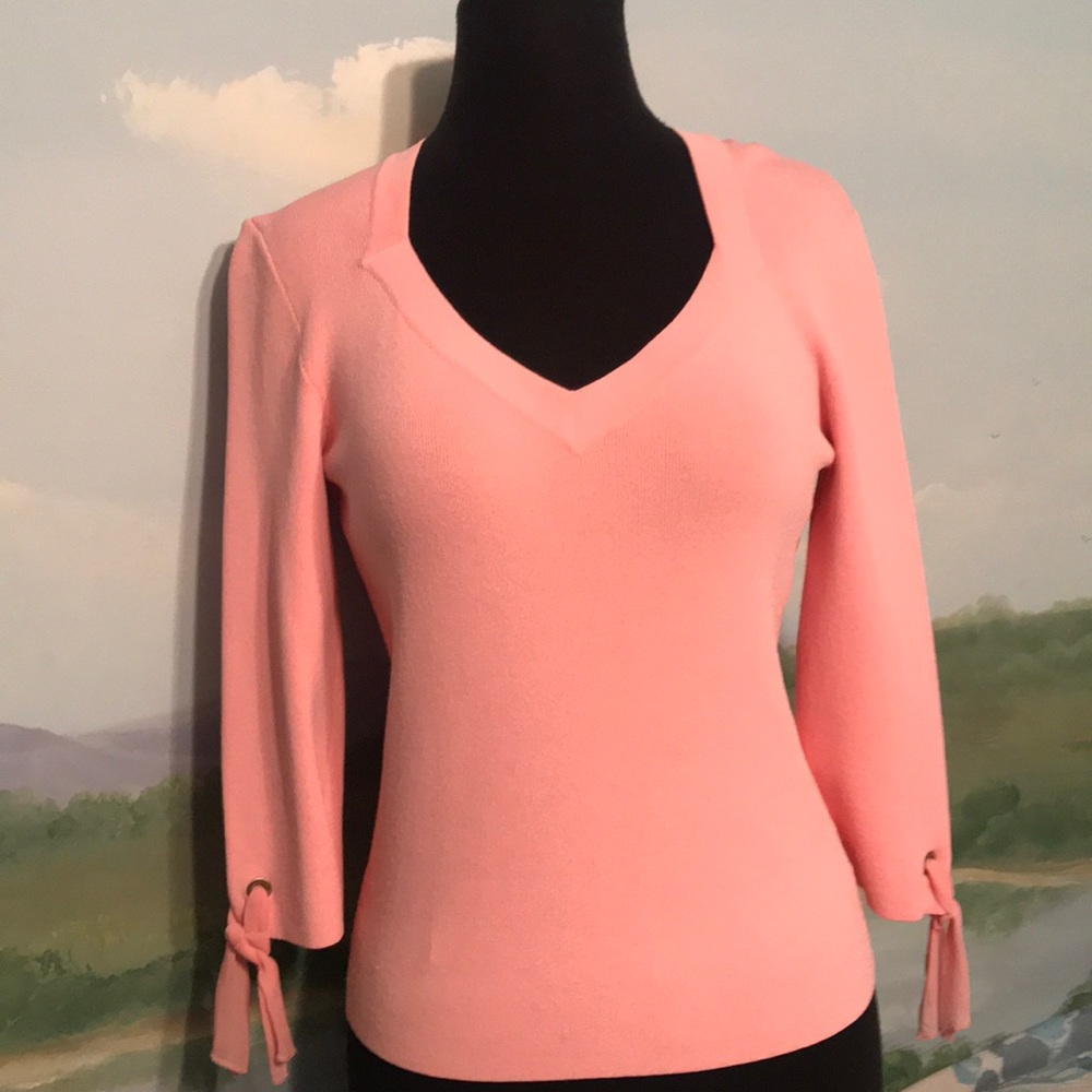 Dana Buchman Pink V-Neck Tie-Sleeve Sweater Top